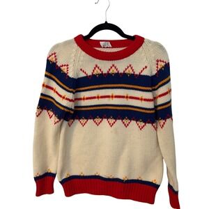 Vintage Croft Fair Isle Knit Sweater Mens Small Cream Red Blue Geometric Ski